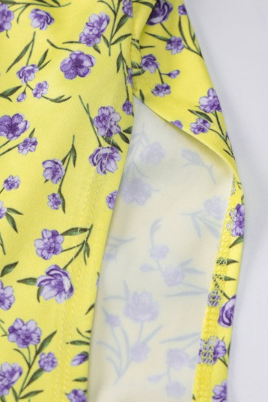 Yellow Halter Neck Backless Ditsy Floral Print High Slit Midi Dress