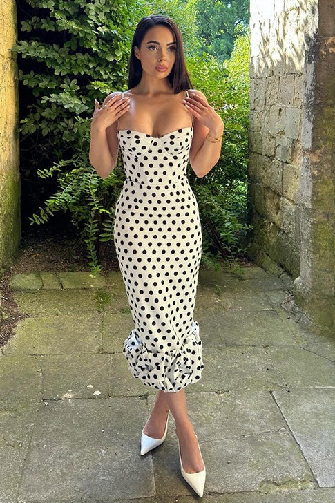 White Spaghetti Strap Sweetheart Neck Polka Dot Ruffle Hem Midi Dress