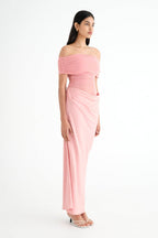 Off Shoulder Ruched Mesh Waist Panel Draped Overlay Maxi Gown