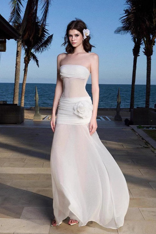 Strapless Ruched Sheer Mesh Floral Rosette Applique Maxi Dress