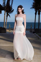 Strapless Ruched Sheer Mesh Floral Rosette Applique Maxi Dress