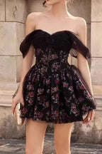 Black Off Shoulder Sweetheart Corset Floral Tulle Overlay Mini Dress