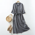 Cotton linen plaid v-neck tie casual dress