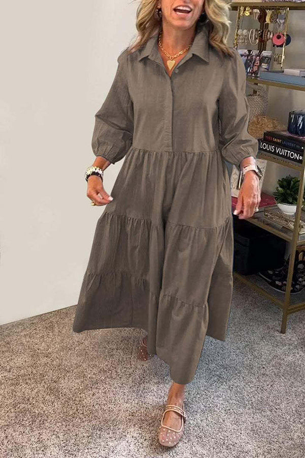 Collared Button Front Tiered Elastic Cuff Long Sleeve Midi Shirt Dress