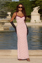 Floral Lace Sweetheart Neck Ruffle Trim Sleeveless Maxi Dress