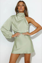 Satin One Shoulder Cowl Neck Bishop Sleeve A-Line Mini Dress