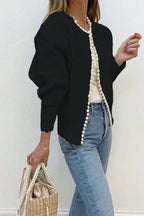Pearl-Trimmed Crew-Neck Heavy-Detail Knit Cardigan