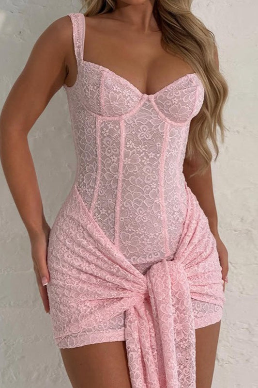 Floral Lace Bustier Corset Seam Front Knot Hip Tie Bodycon Mini Dress