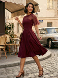 Mesh Patchwork Sheer Sleeve Round Neck Elegant Party Flare Dress For Women 2026