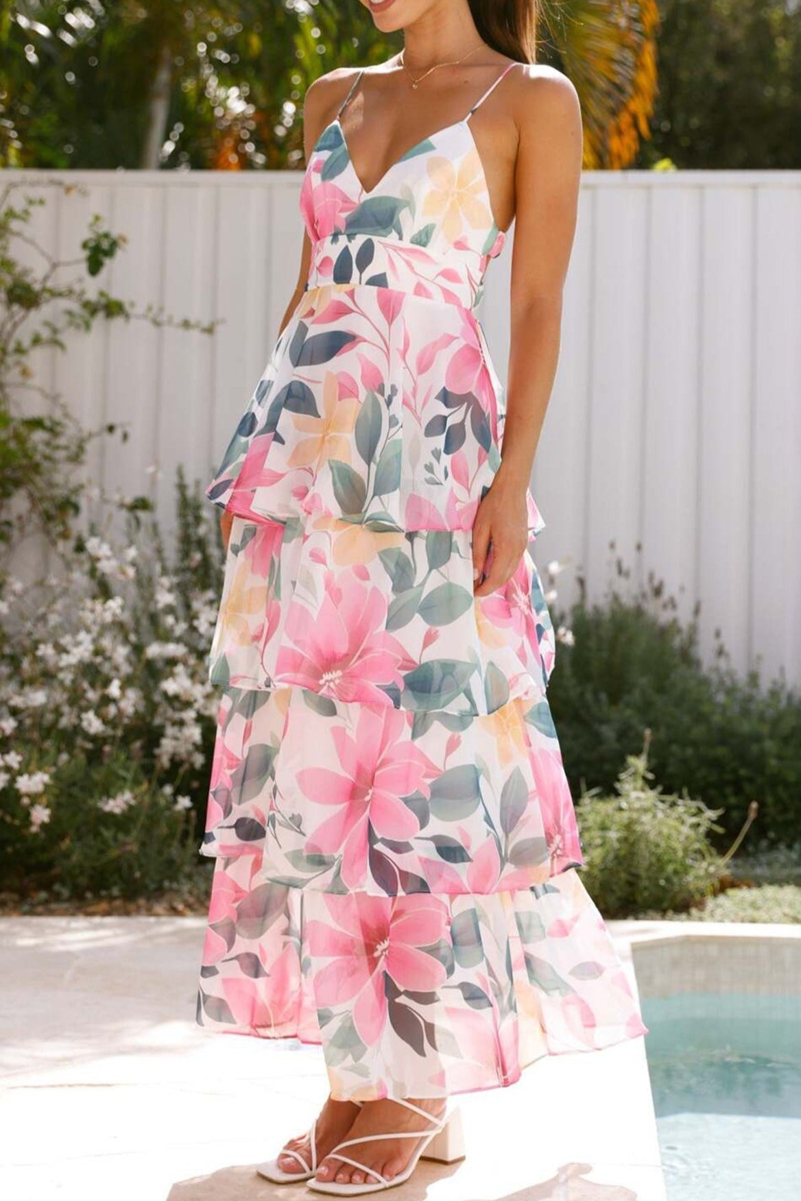Spaghetti Strap Deep V Floral Print Tiered Ruffle Maxi Dress