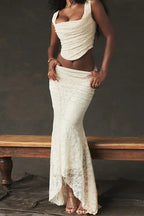 White Lace-up Crop Top And Maxi Skirt Dress