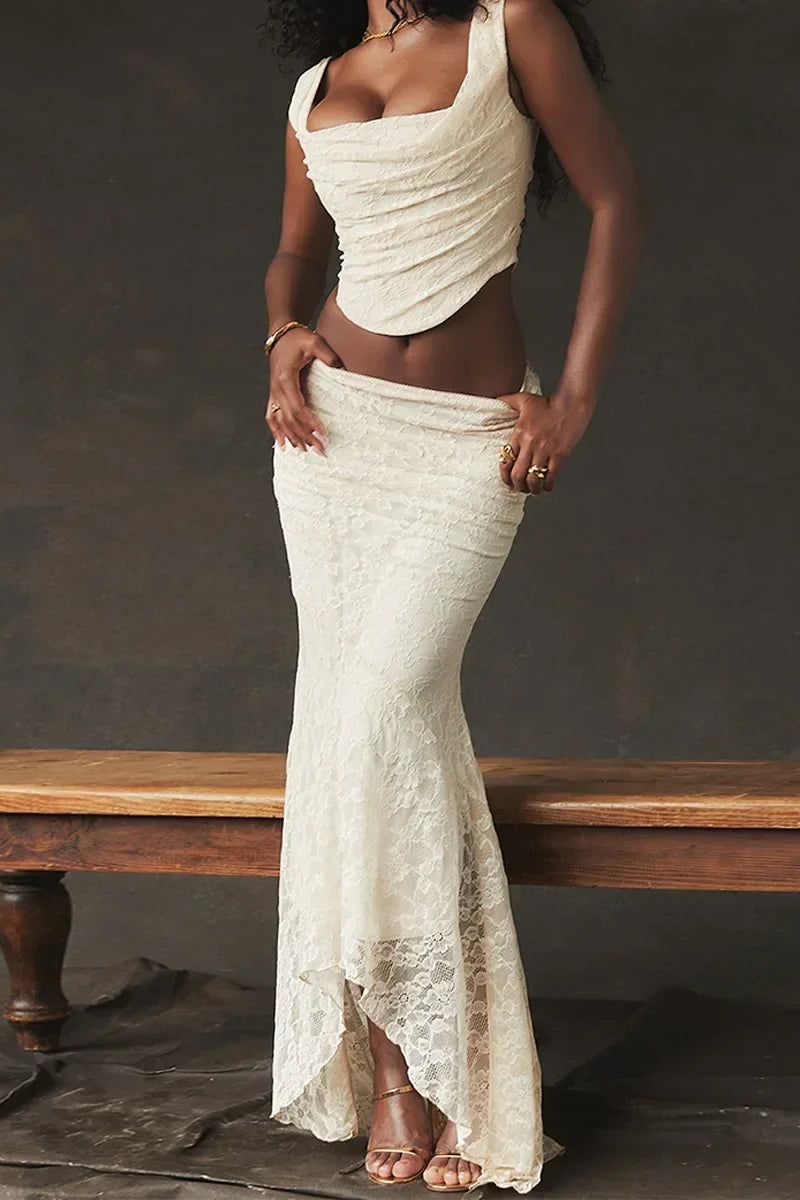 White Lace-up Crop Top And Maxi Skirt Dress