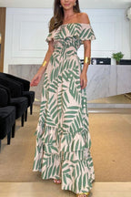 Tropical Leaf Print Off Shoulder Smocked Waist Tiered Maxi Dress