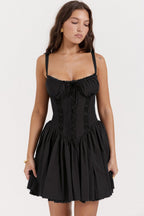 Ditsy Floral Square Neck Lace Trim Bustier Tiered Ruffle Hem Mini Dress