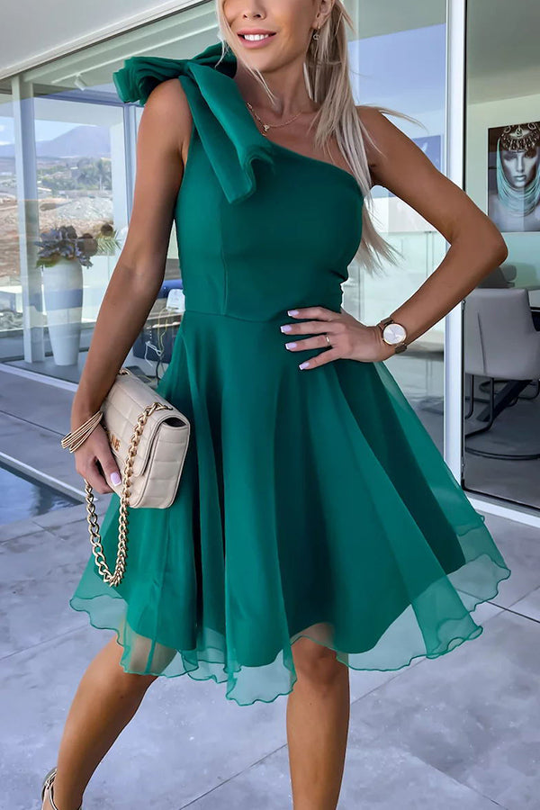 One Shoulder Oversized Bow Tulle Overlay Mini Dress
