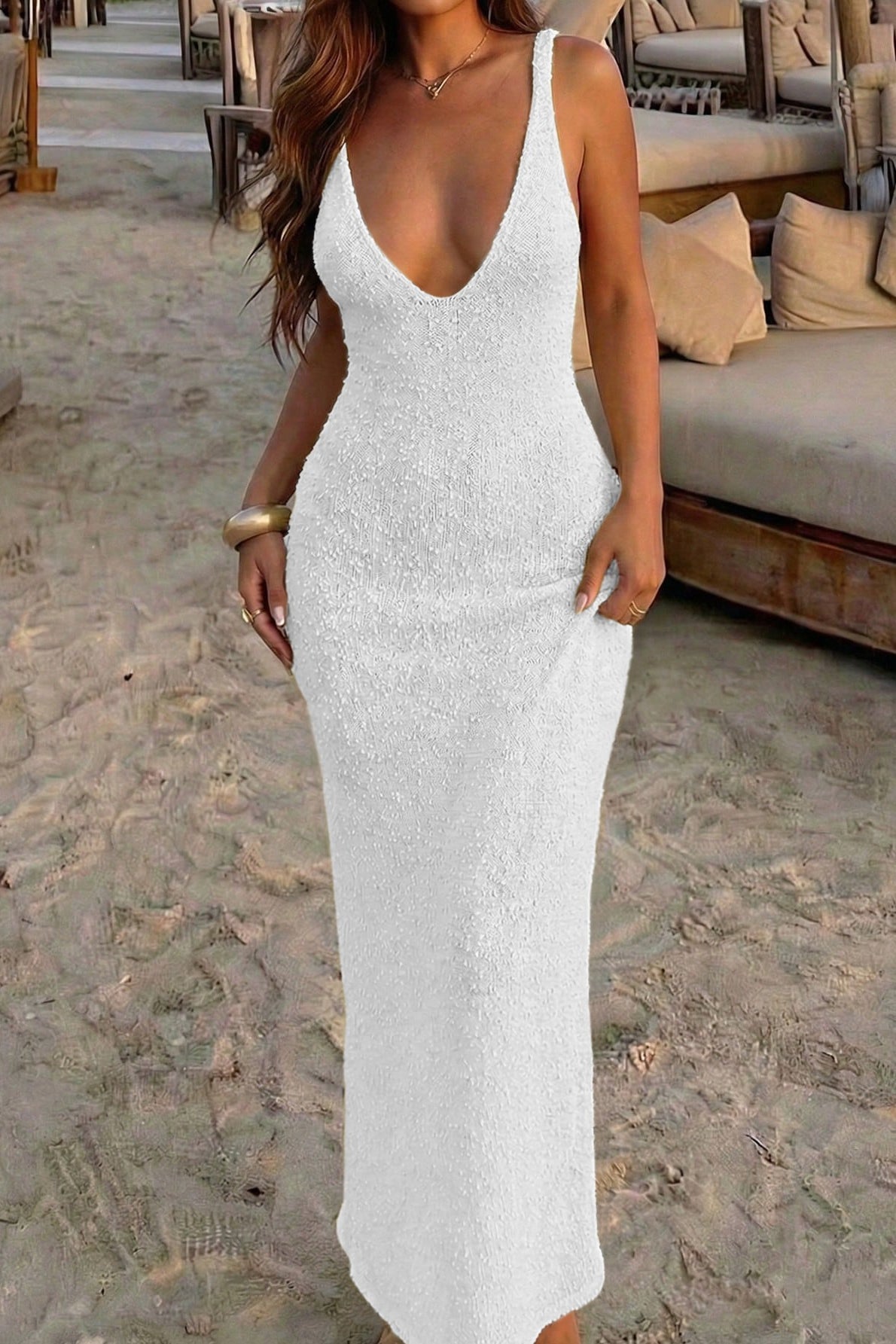 Halter Neck Scoop Neck Sequin Mesh Knit Bodycon Maxi Dress