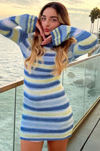 Striped Knit Mock Neck Bell Sleeve Bodycon Mini Sweater Dress