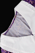 Purple Peter Pan Collar Short Sleeve Tie Waist Tiered Maxi Floral Print Dress