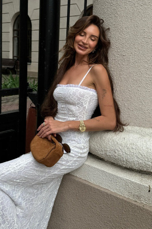 Lace Spaghetti Strap Ruffle Neck Mermaid Maxi Dress