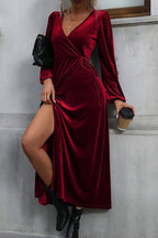 Velvet Wrap Deep V-Neck Bishop Sleeve Tie Waist High Split Maxi Dress