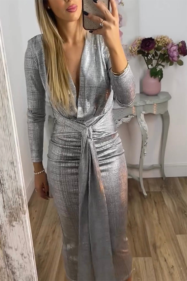 Metallic Ruched Knot Front Deep V-Neck Three Quarter Sleeve Midi Dress