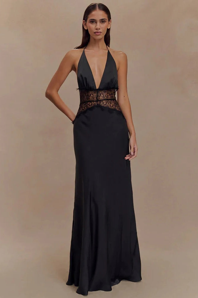 Lace Patchwork Backless Halter Dress