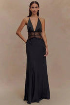 Lace Patchwork Backless Halter Dress
