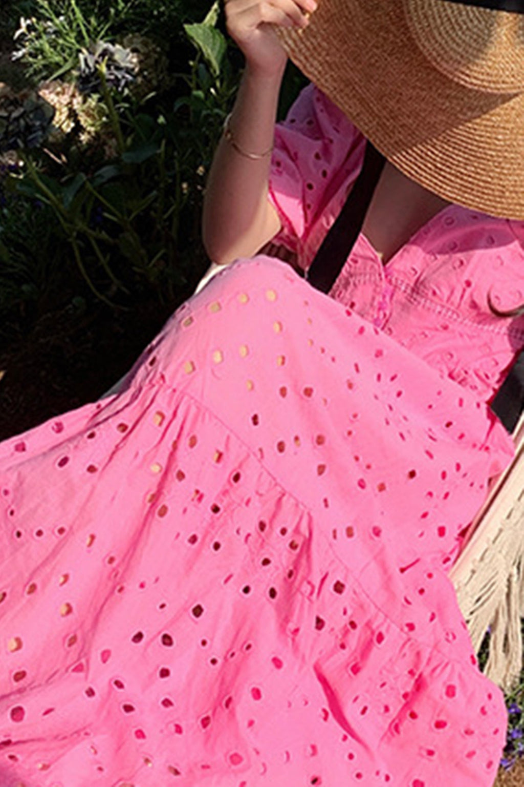 Eyelet Deep V-Neck Puff Sleeve Smocked Empire Waist Tiered Maxi Dress