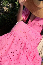 Eyelet Deep V-Neck Puff Sleeve Smocked Empire Waist Tiered Maxi Dress