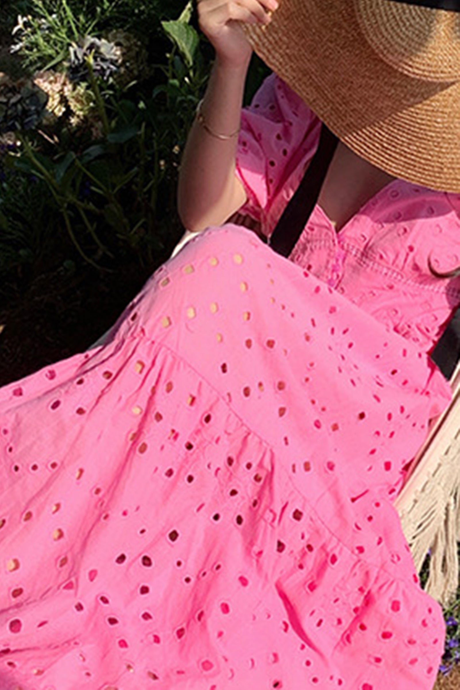 Eyelet Deep V-Neck Puff Sleeve Smocked Empire Waist Tiered Maxi Dress