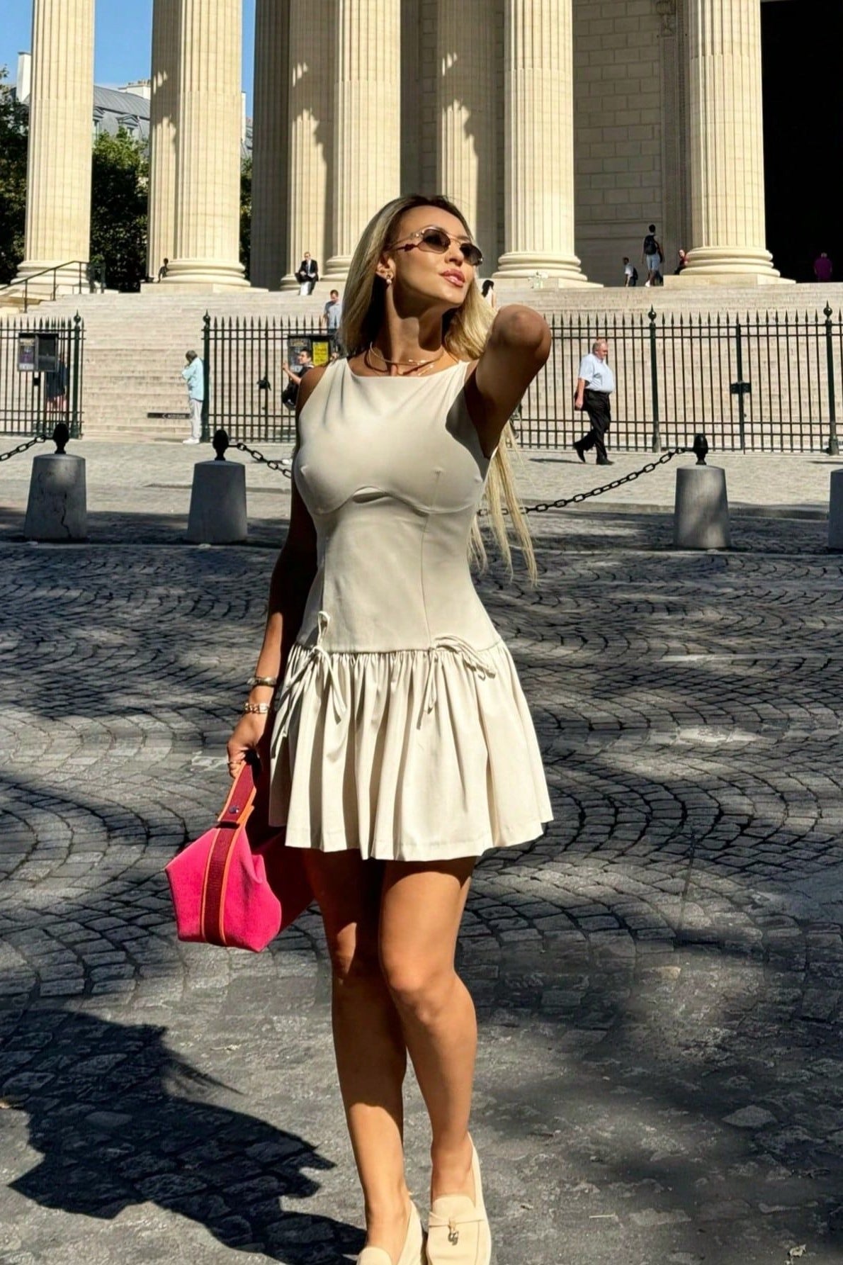 Boat Neck Sleeveless Dropped Waist Bow Detail Pleated Mini Dress