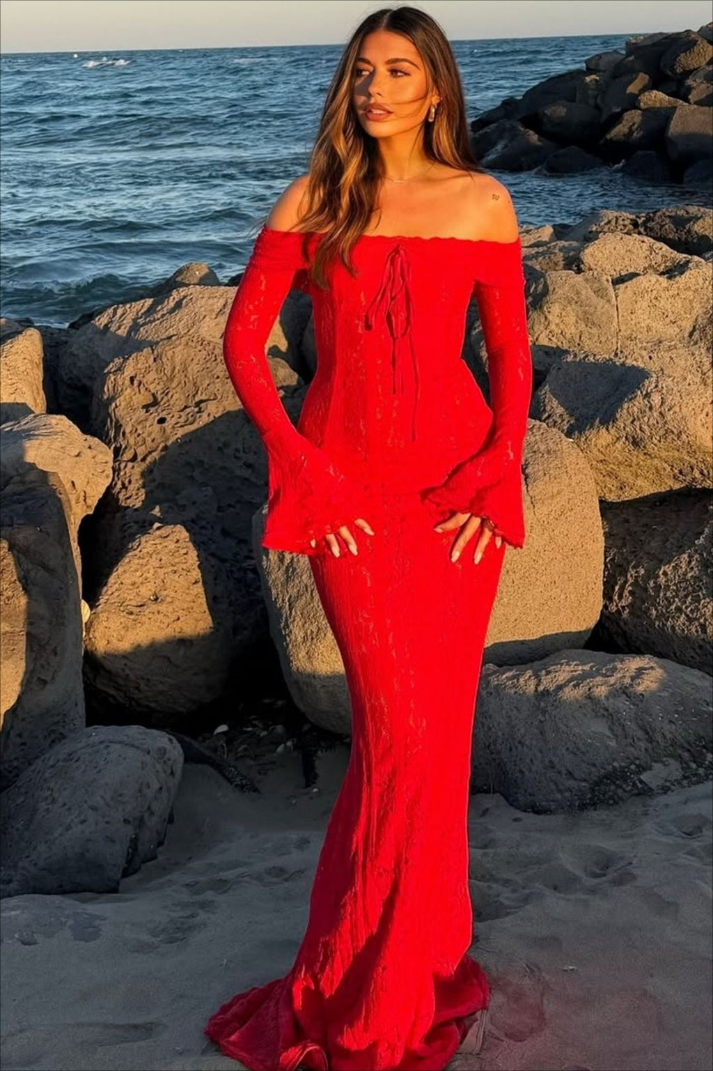 Lace Off Shoulder Ruffle Trim Long Bell Sleeve Vertical Panel Mermaid Maxi Dress