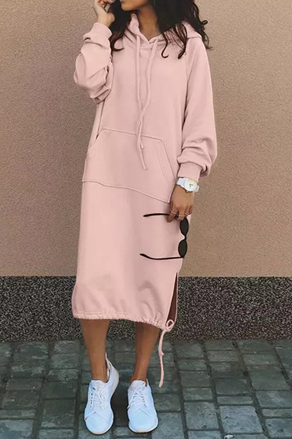Oversized Hooded Kangaroo Pocket Drawstring Hem Side Slit Midi Sweatshirt Dress