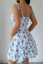 Square Neck Tie Shoulder Ruched Bust Ditsy Floral A-Line Mini Dress