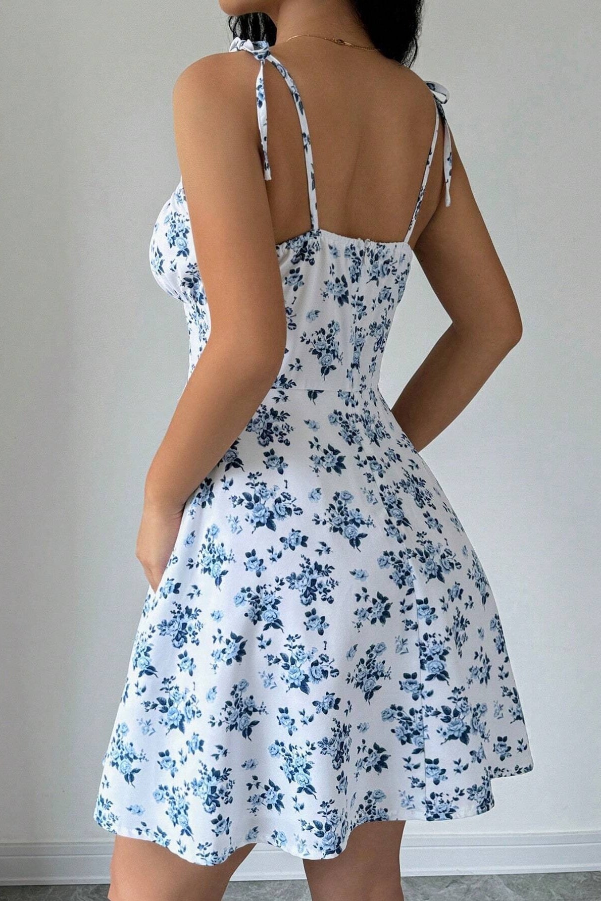 Square Neck Tie Shoulder Ruched Bust Ditsy Floral A-Line Mini Dress