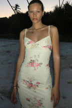 Beige Spaghetti Strap Sweetheart Cup Floral Print Bodycon Maxi Dress