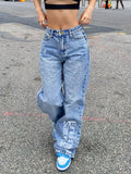 Basic Wash Letter Print Straight Leg Boyfriend Jeans