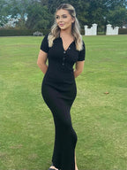 Ribbed Knit Polo Collar Button Placket Side Slit Maxi Dress