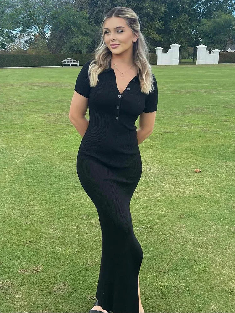 Ribbed Knit Polo Collar Button Placket Side Slit Maxi Dress
