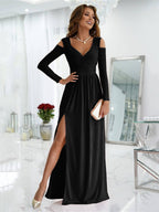 Maxi Dress V-Neck Cold Shoulder Layered Cut Out Sexy Slit Prom Dress