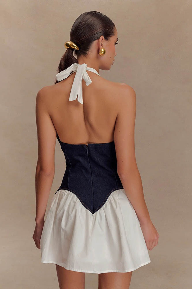 Halter Deep V-Neck Corset Overlay Pleated Mini Dress