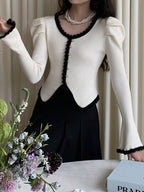 Contrast Color Scallop Trim Puff Sleeve Cardigan