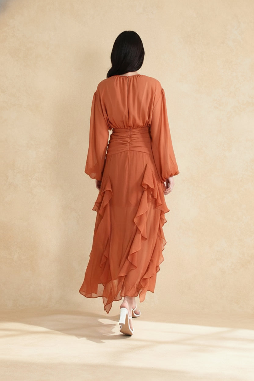 Chiffon Bishop Sleeve High Neck Ruched Waist Cascading Ruffle Tier Maxi Dress