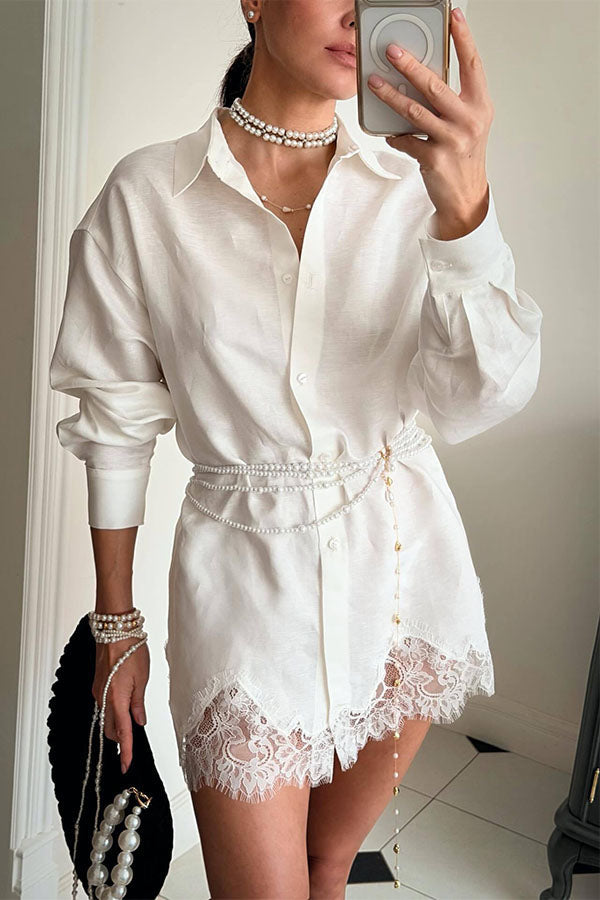 Linen Blend Shirt and Lace-trimmed Shorts Set