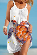Sea Turtle Print Scoop Neck Tank Side Slit Beach Mini Dress