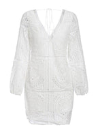 White Lace Boho Dress for Women - Backless Long Sleeve V Neck Mini Dress - Summer Beach Vacation Outfit 2026