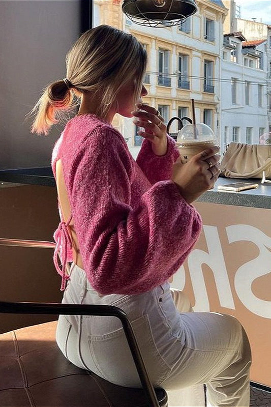 Crew-Neck Long-Sleeve Backless Tie-Knit Short Sweater