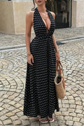 Black Halter Neck Deep V Pleated Polka Dot Maxi Dress