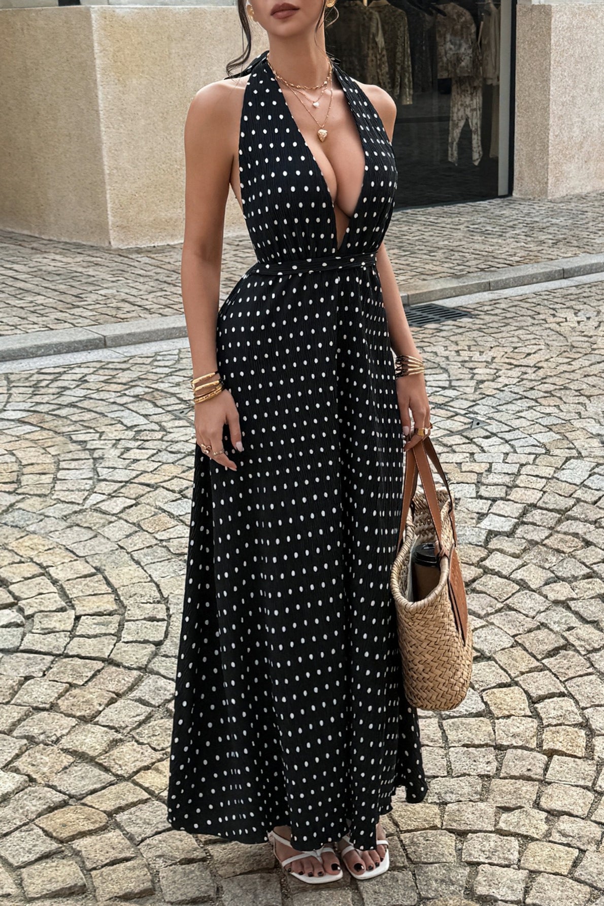 Black Halter Neck Deep V Pleated Polka Dot Maxi Dress