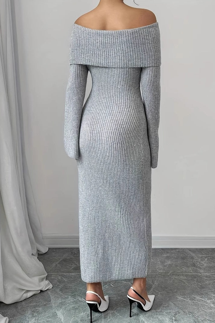 Off Shoulder Ribbed Knit Long Sleeve Bodycon Maxi Sweater Dress